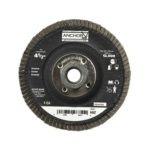 ANCHOR BRAND zirconium flap disc, 4-1/2 in diameter, 60 grit, 5/8-11 arbor, 13,000 rpm max, angled flap disc