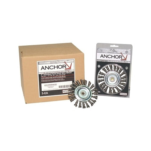 ANCHOR BRAND knot wheel brush, 4 in diameter, 5/8-11 arbor, 0.014 in carbon steel wire, wheel brush