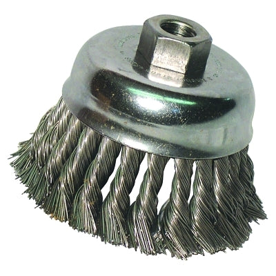 Knot Wire Cup Brush, 3 in Dia, 5/8-11 Arbor, .02 in Stainless Steel