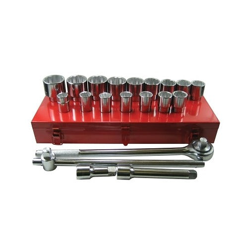 ANCHOR BRAND 21-piece socket set, 3/4 in drive, 12-point, SAE, chrome sockets in red metal case, socket set