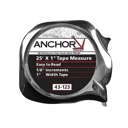 ANCHOR BRAND easy to read tape measure, 1 in x 25 ft, chrome case, 1/8 in increments, tape measure