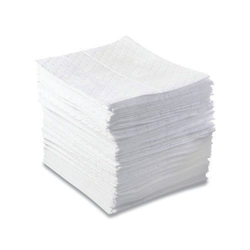 ANCHOR BRAND Oil-Only Sorbent Pad heavy-weight stack, 15 in x 17 in white perforated pads, absorbs 20.5 gal, sorbent pad