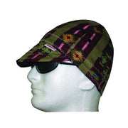 Comeaux Caps Series 2000 reversible welder cap, multicolor print fabric billed cap on mannequin, one-size welding cap