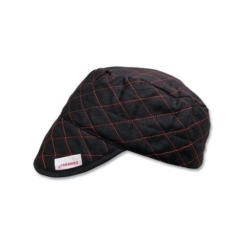Comeaux Caps Style 3000 quilted shop cap size 7-1/2 black cotton with red diamond-pattern stitching welder cap