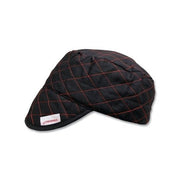 Comeaux Caps Style 3000 quilted shop cap size 7-1/4 black cotton red diamond-pattern stitching brimmed welder cap