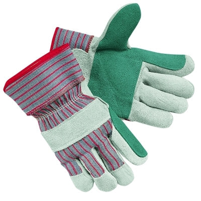 Industrial Standard Shoulder Split Gloves, Large, Double Palm, Leather, Cotton, Gray w/Red Stripes
