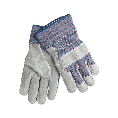 MCR Safety 1300 select shoulder split cowhide work gloves Large gray leather palm blue red black striped fabric back cuff
