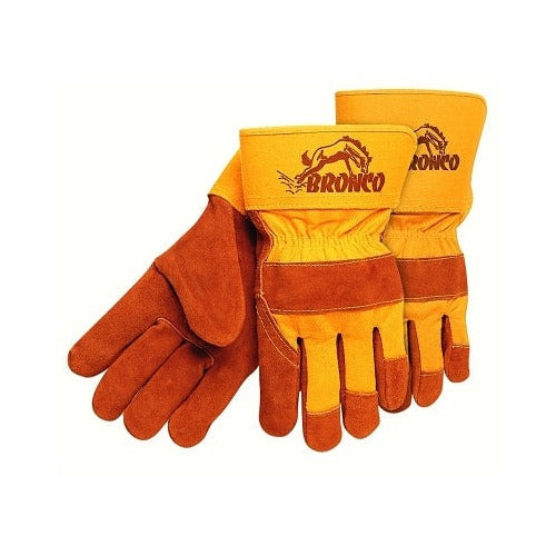 MCR Safety Bronco premium split cowhide driver gloves large gold back russet split leather palm welding work gloves