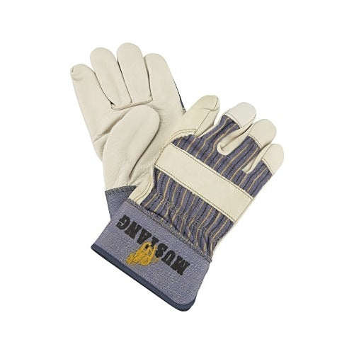 MCR Safety Mustang grain cowhide leather palm gloves fleece lining medium blue striped fabric back cream palm work gloves