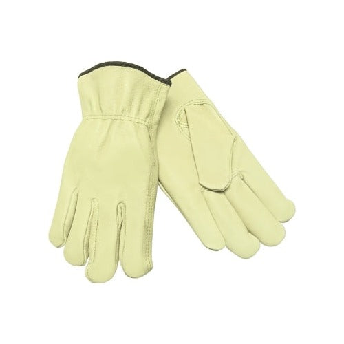 MCR Safety pigskin drivers gloves, economy grain leather, unlined, natural tan, XL, palm and back shown