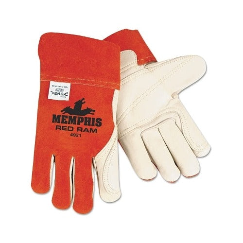 MCR Safety Red Ram 4921 grain leather double palm welding gloves large russet back cream palm Kevlar-stitched welding gloves