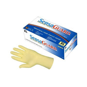 MCR Safety SensaGuard disposable latex gloves, powder-free 5 mil, natural white, XL, 100-count box shown
