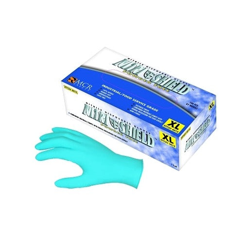 MCR Safety NitriShield disposable nitrile gloves XL blue 4 mil rolled cuff powder-free box of 100 disposable gloves