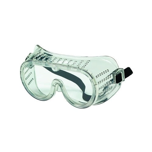 MCR Safety 2220 protective goggles, clear PVC frame and lens, perforated side vents, elastic strap, impact resistant