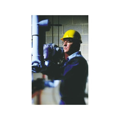 MCR Safety 98 Series 9800 safety glasses clear polycarbonate lens and frame worn by worker in industrial setting