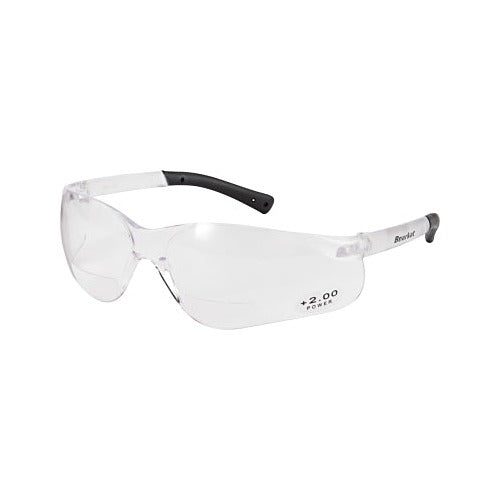 MCR Safety BearKat BKH20 bifocal safety glasses +2.0 diopter clear polycarbonate lens clear frame black tips