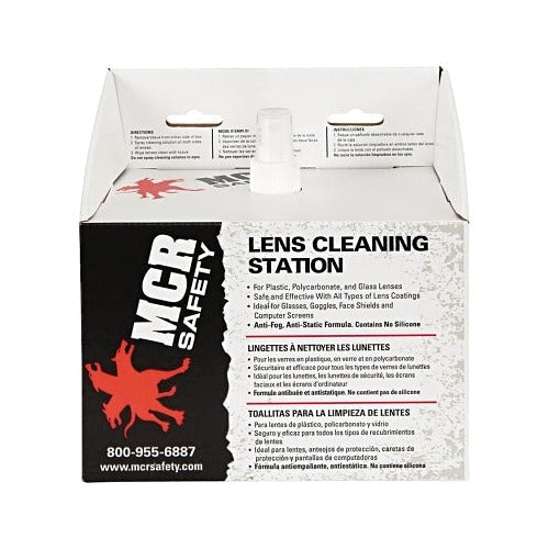 MCR Safety lens cleaning station 8x5 in wall-mount box, anti-fog anti-static wipes for glasses and goggles