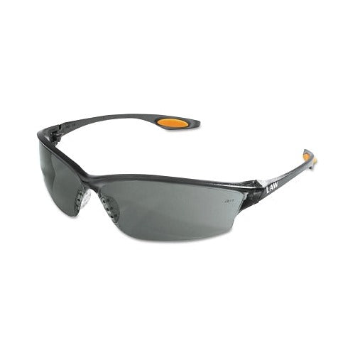 MCR Safety Law 2 safety glasses, gray Duramass hard coat lens, black nylon frame, orange temple tips, protective eyewear