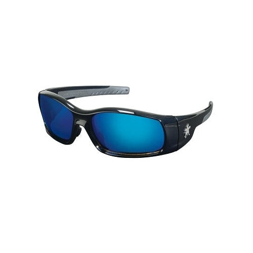 MCR Safety Swagger SR1 safety glasses blue diamond mirror lens, gloss black frame with gray rubber temples