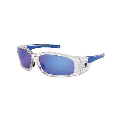 MCR Safety Swagger SR148B safety glasses with blue diamond mirror lens and clear wraparound frame, Duramass HC coating