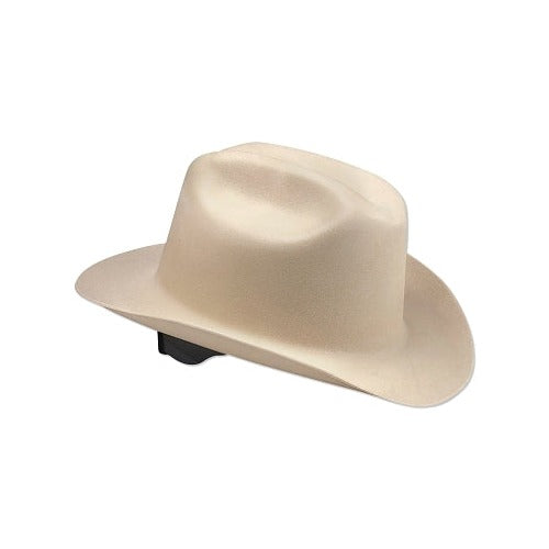 Jackson Safety Western Outlaw hard hat, tan cowboy-style shell with 4-point ratchet suspension, safety hard hat