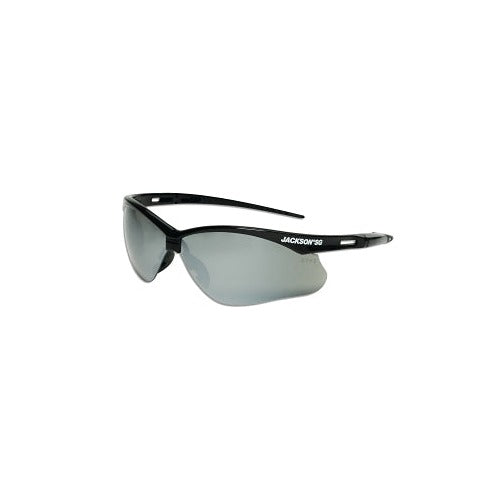 Jackson Safety SG Series safety glasses, smoke mirror poly lens with black half-frame, hardcoat anti-scratch safety glasses