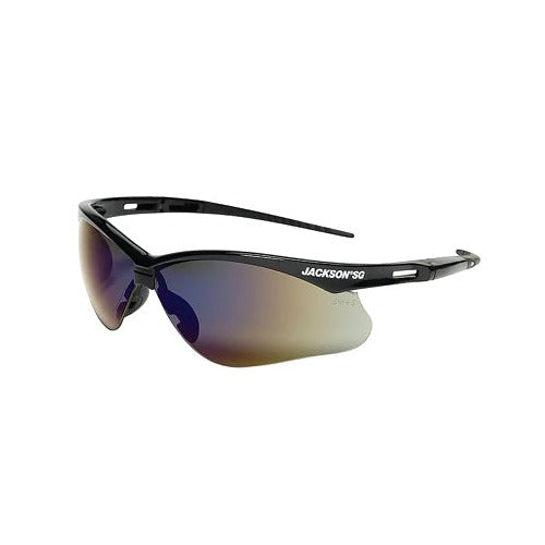 Jackson Safety SG Series safety glasses, blue mirror poly lens with black half-frame, hardcoat anti-scratch safety glasses