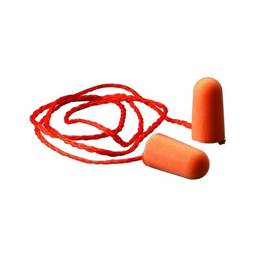 3M foam earplug, bright orange tapered foam with red corded string, disposable hearing protection