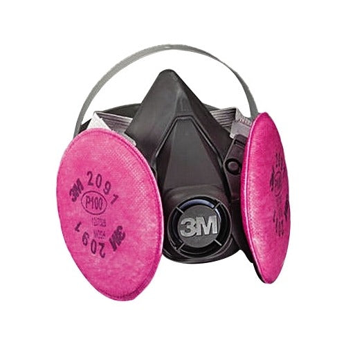 3M 6000 Series half facepiece respirator large, black silicone dual pink P100 cartridge filters, NIOSH half mask respirator