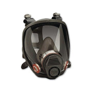 3M 6000 Series full facepiece respirator, large, dual-cartridge gray rubber mask with clear lens and red accents