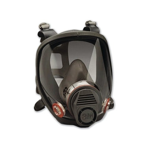 3M 6000 Series full facepiece respirator, large, dual-cartridge gray rubber mask with clear lens and red accents