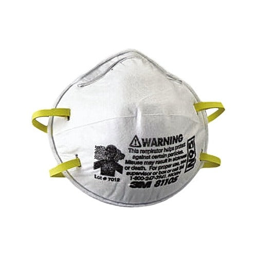 3M 8110S N95 half-facepiece disposable respirator with two yellow fixed straps, white cup-style particulate respirator