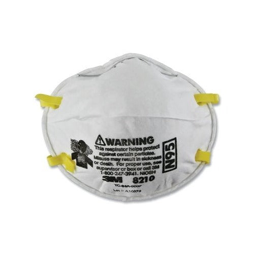 3M 8210 N95 particulate respirator half facepiece two yellow strap adjustable nose clip one size disposable respirator