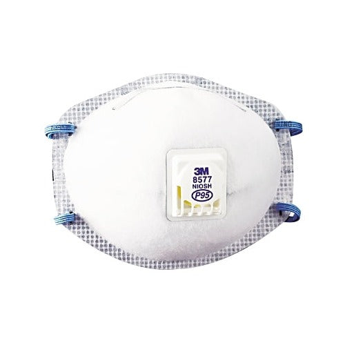 3M 8577 P95 particulate respirator, white cup-style half facepiece with blue straps and exhalation valve