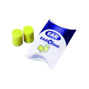 3M E-A-R Classic foam earplugs, yellow PVC uncorded pair shown with blue pillow pack carrying pouch