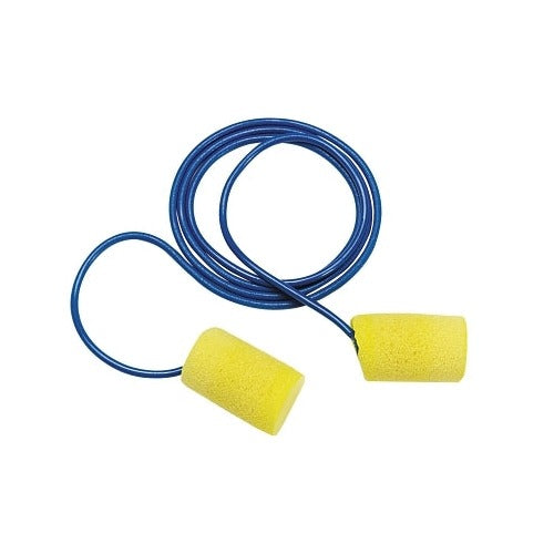 3M E-A-R Classic foam earplugs yellow PVC cylindrical plugs with blue corded connection, NRR hearing protection earplugs