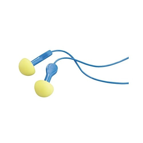 3M E-A-R Express Pod Plugs earplugs, yellow polyurethane pods with blue stem connectors, blue corded