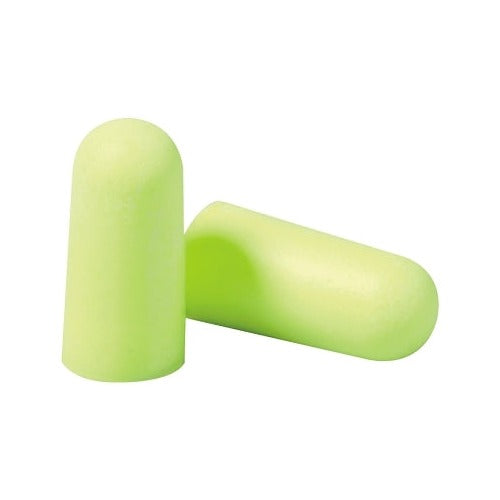 3M E-A-Rsoft Yellow Neons foam earplugs, neon yellow polyurethane, large size, uncorded pair shown, hearing protection earplugs
