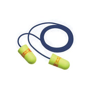 3M E-A-Rsoft Superfit metal detectable corded earplugs 32 dB NRR yellow foam orange band blue cord hearing protection