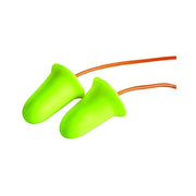 3M E-A-Rsoft FX earplugs, lime green polyurethane bell-shaped foam, orange corded, pair displayed