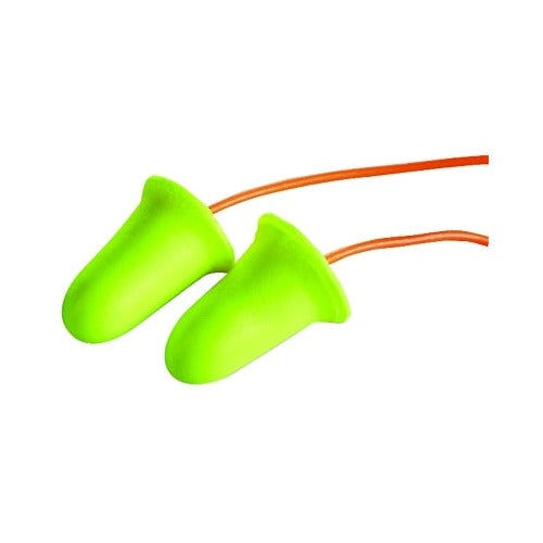 3M E-A-Rsoft FX earplugs, lime green polyurethane bell-shaped foam, orange corded, pair displayed