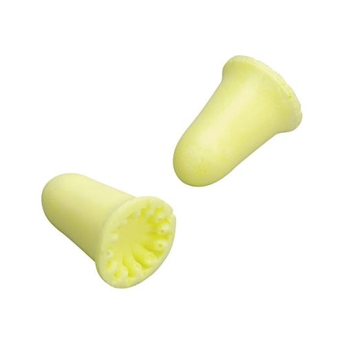 3M E-A-Rsoft FX uncorded earplugs, 33dB NRR, yellow foam bell-shaped with ribbed interior, pair shown