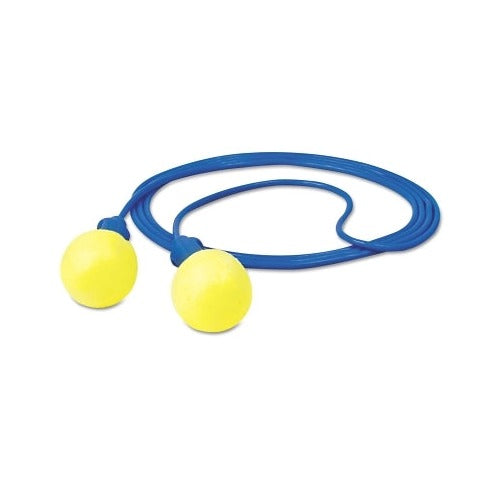 3M E-A-R Push-Ins foam earplugs, yellow polyurethane spherical balls, blue corded, no-roll design
