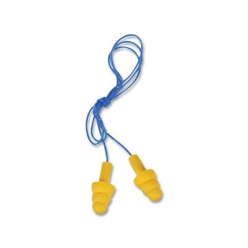 3M E-A-R UltraFit earplugs elastomeric polymer yellow with blue cord, flanged reusable corded hearing protection