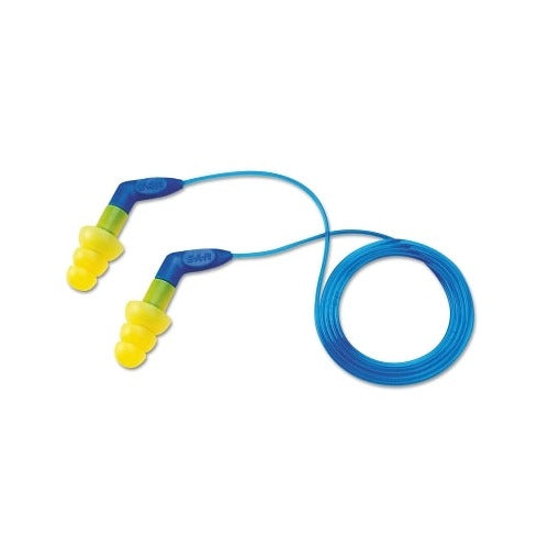3M E-A-R UltraFit Plus corded earplugs, yellow PVC multi-flange tips with blue grip handles and blue cord