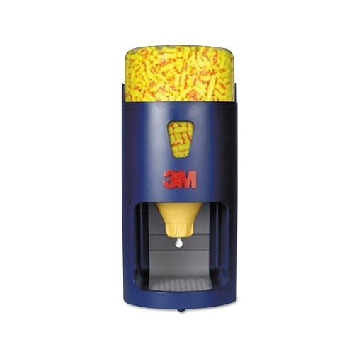 3M One-Touch Pro earplug dispenser blue wall-mount unit filled with yellow foam earplugs one-hand dispensing