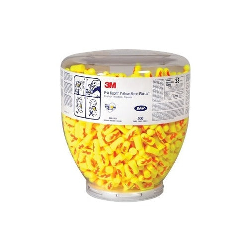 3M E-A-Rsoft Yellow Neons earplug refill bottle 500 uncorded polyurethane foam NRR 33 earplug dispenser refill