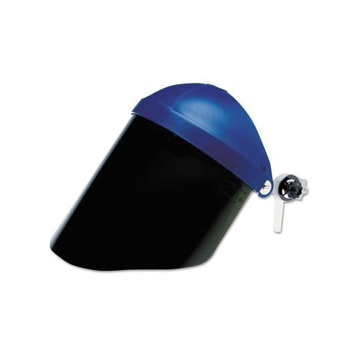3M W96IR5 faceshield window shade 5, green polycarbonate 14.5x9 in, mounted on blue crown headgear