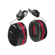 3M Peltor Optime 105 cap-mount earmuffs, 27 dB NRR, black cups with red accent, hard hat attachment clips shown