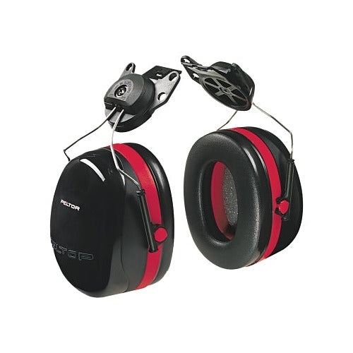 3M Peltor Optime 105 cap-mount earmuffs, 27 dB NRR, black cups with red accent, hard hat attachment clips shown